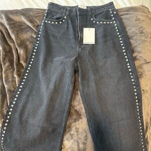 Reformation Cary High Rise Slouchy Wide Leg Black Studded Jeans